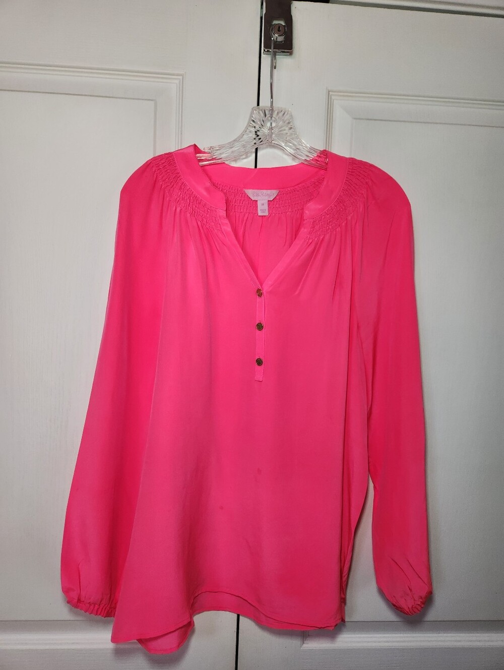 Lilly Pulitzer Womens Bright Pink 100% Silk Long-Sleeve Henley Blouse Size M